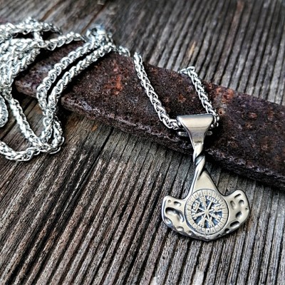 Stainless steel necklace Thor's hammer with rune circle