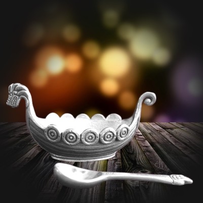 Viking ship pewter bowl with spoon