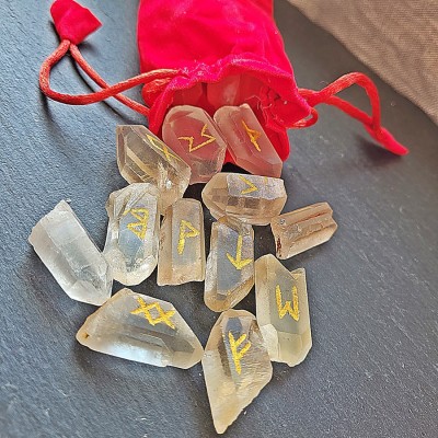 Set of runes made of quartz crystal points