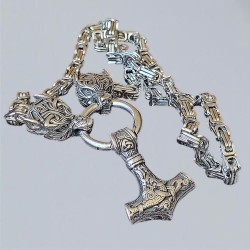 Edelstahl Halskette massiv Thors Hammer mit Geri und Freki Wölfen