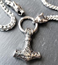 Stainless steel necklace Thor's hammer Jarl king's chain with the wolves Geri and Freki
