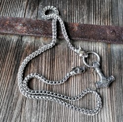 Edelstahl Halskette Thors Hammer Jarl Königskette mit den Wölfen Geri und Freki