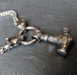 Stainless steel necklace Thor's hammer Jarl king's chain with the wolves Geri and Freki