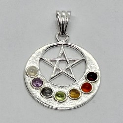 Pendant half moon with pentagram and chakra stones