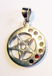 Silver pendant half moon with pentagram and chakra stones
